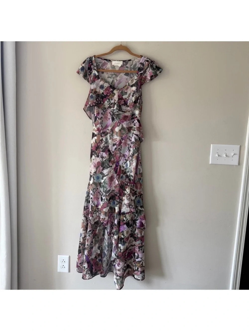 By Anthropologie Floral Ruffle Maxi Dress Asymmetrical Size Small Front Split